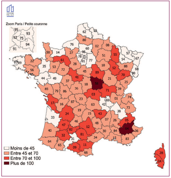 Mortalité par million d'habitants par département et par an en France métropolitaine 2018-2022